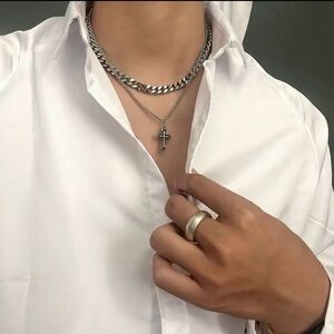 Double Layer Men Cross Necklace Chain Men’s Women’s Unisex Titanium Steel Chain